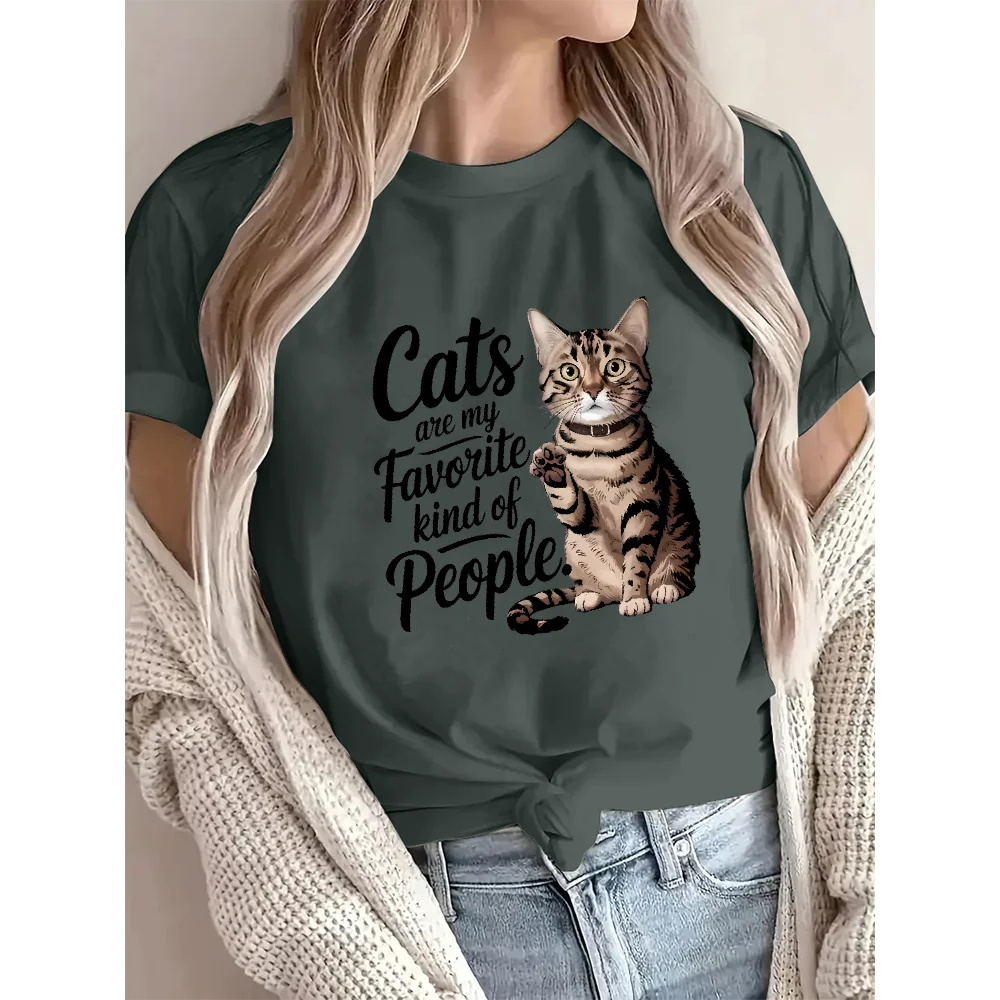 Cute Cat Printing Graphic Tees Fashion O-Neck Short Sleeve Women’s Cotton T-shirts Comfortable Cat Lover Clothes