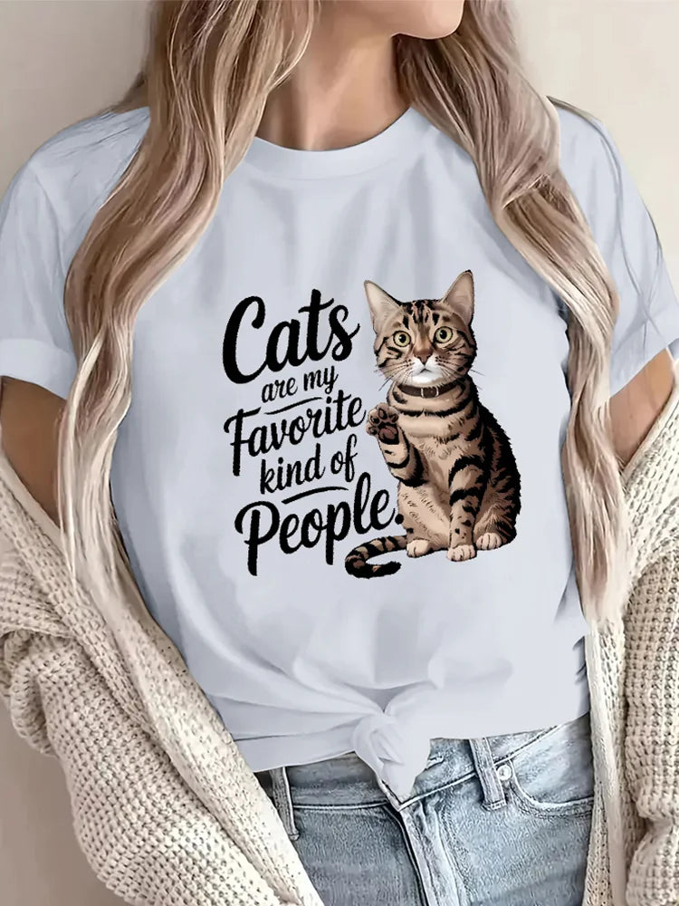 Cute Cat Printing Graphic Tees Fashion O-Neck Short Sleeve Women’s Cotton T-shirts Comfortable Cat Lover Clothes