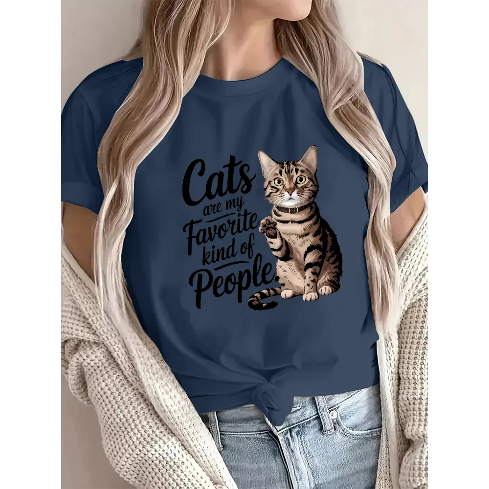 Cute Cat Printing Graphic Tees Fashion O-Neck Short Sleeve Women’s Cotton T-shirts Comfortable Cat Lover Clothes