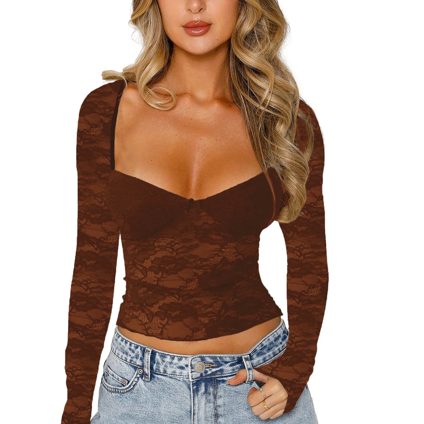 Women Crop Floral Lace Tops Long Sleeve Shirt Casual Pullovers for Club Streetwear Aesthetic Grunge Clothes