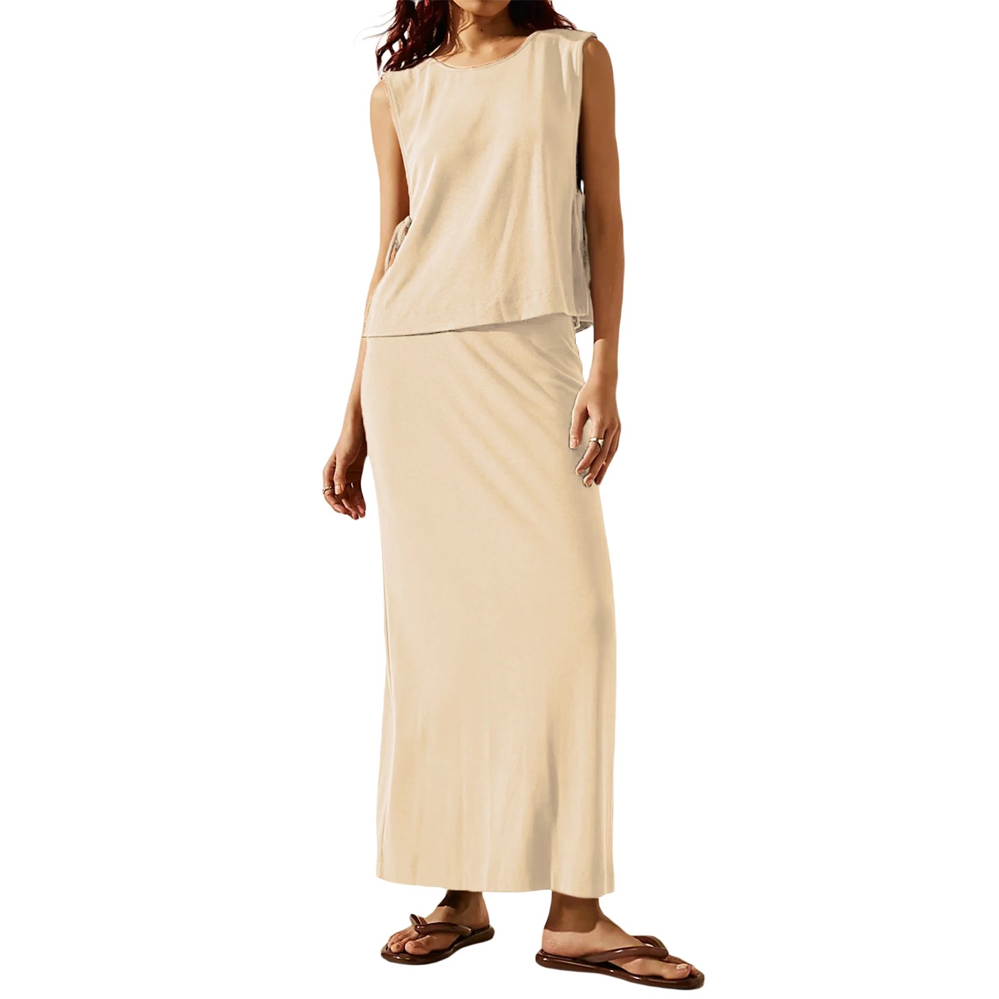 Women Skirt Set Sleeveless Crew Neck Tie-up Vest with Low Waist Long Skirt Summer Outfit