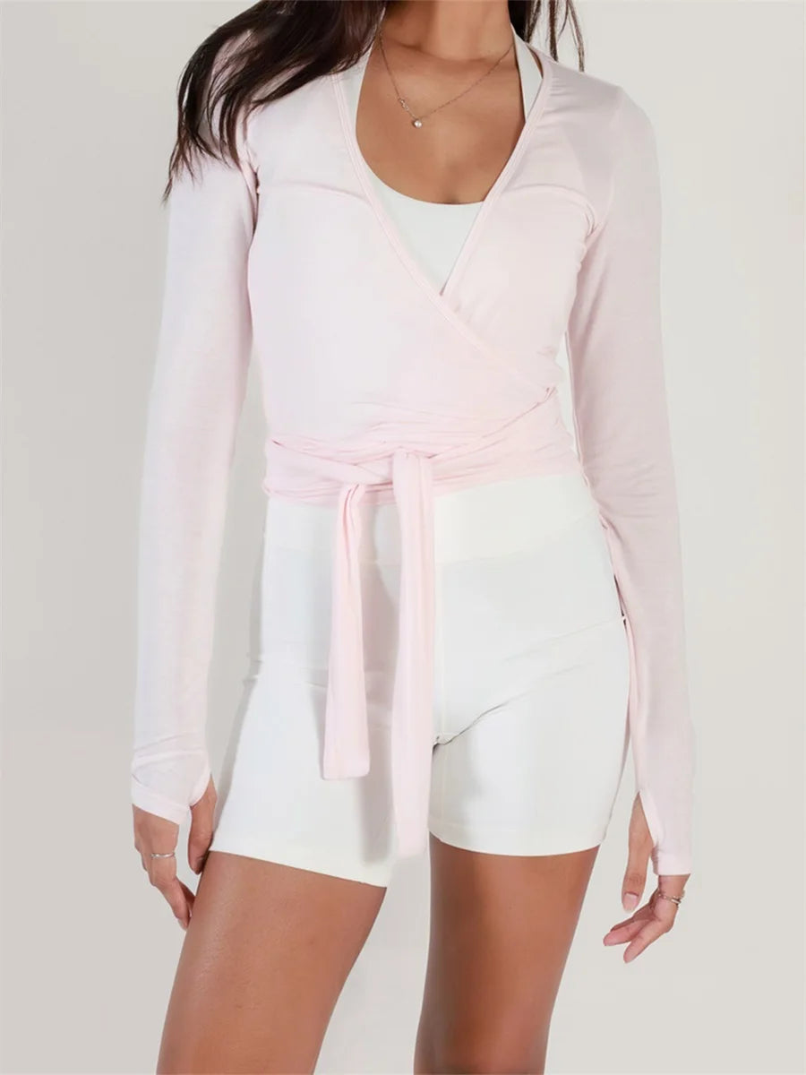 Women s Ballet Wrap Tops Solid Stylish V Neck Long Sleeve Workout T-Shirt for Yoga and Pilates Practice