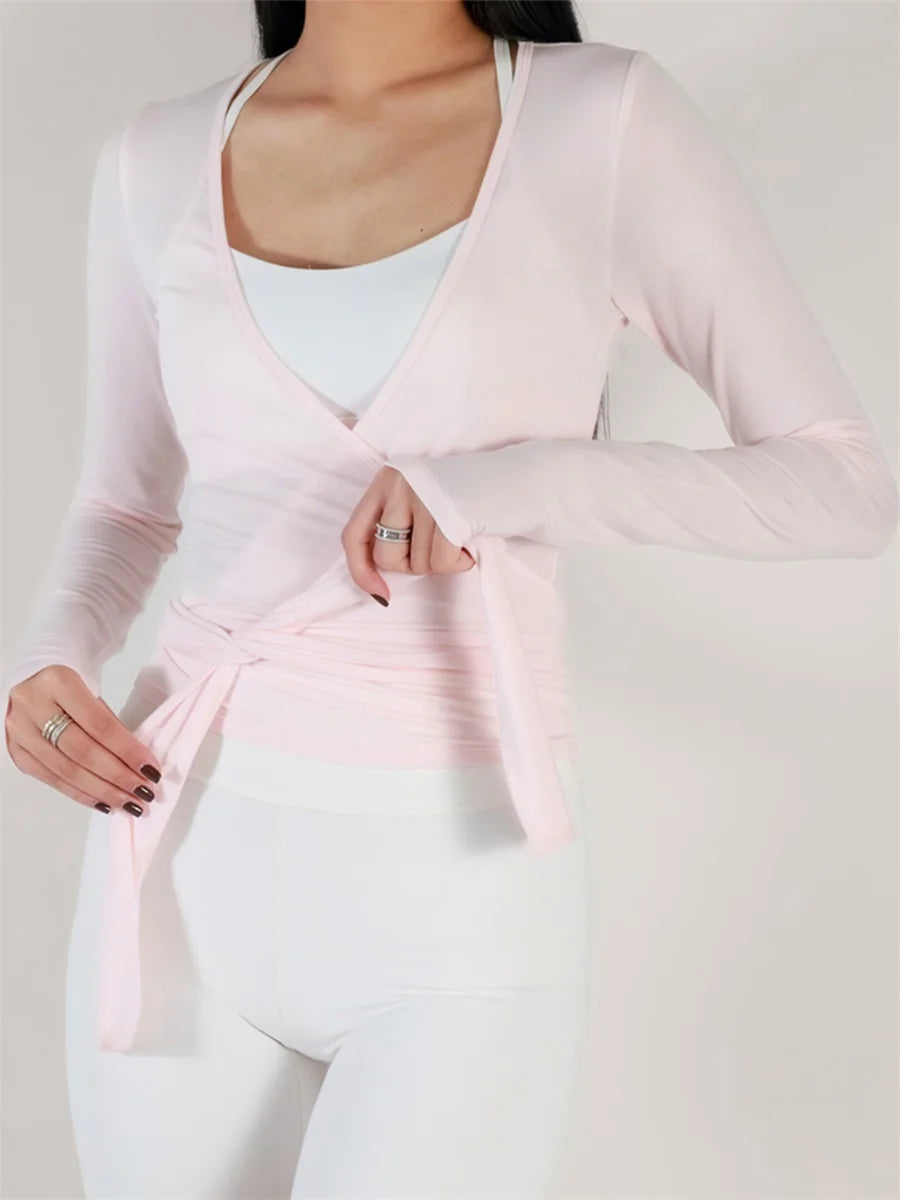 Women s Ballet Wrap Tops Solid Stylish V Neck Long Sleeve Workout T-Shirt for Yoga and Pilates Practice