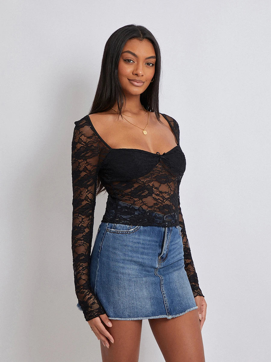 Women Crop Floral Lace Tops Long Sleeve Shirt Casual Pullovers for Club Streetwear Aesthetic Grunge Clothes