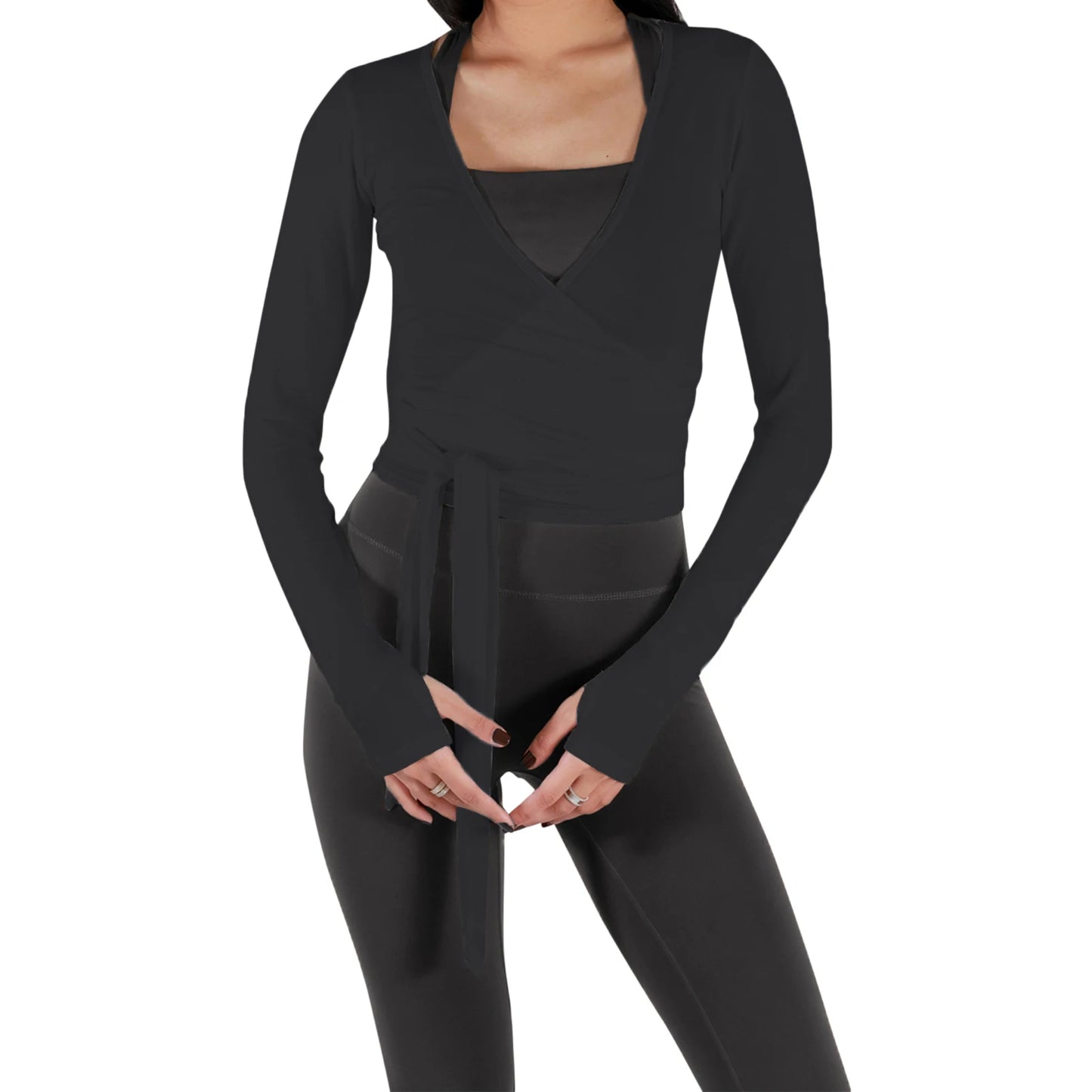 Women s Ballet Wrap Tops Solid Stylish V Neck Long Sleeve Workout T-Shirt for Yoga and Pilates Practice