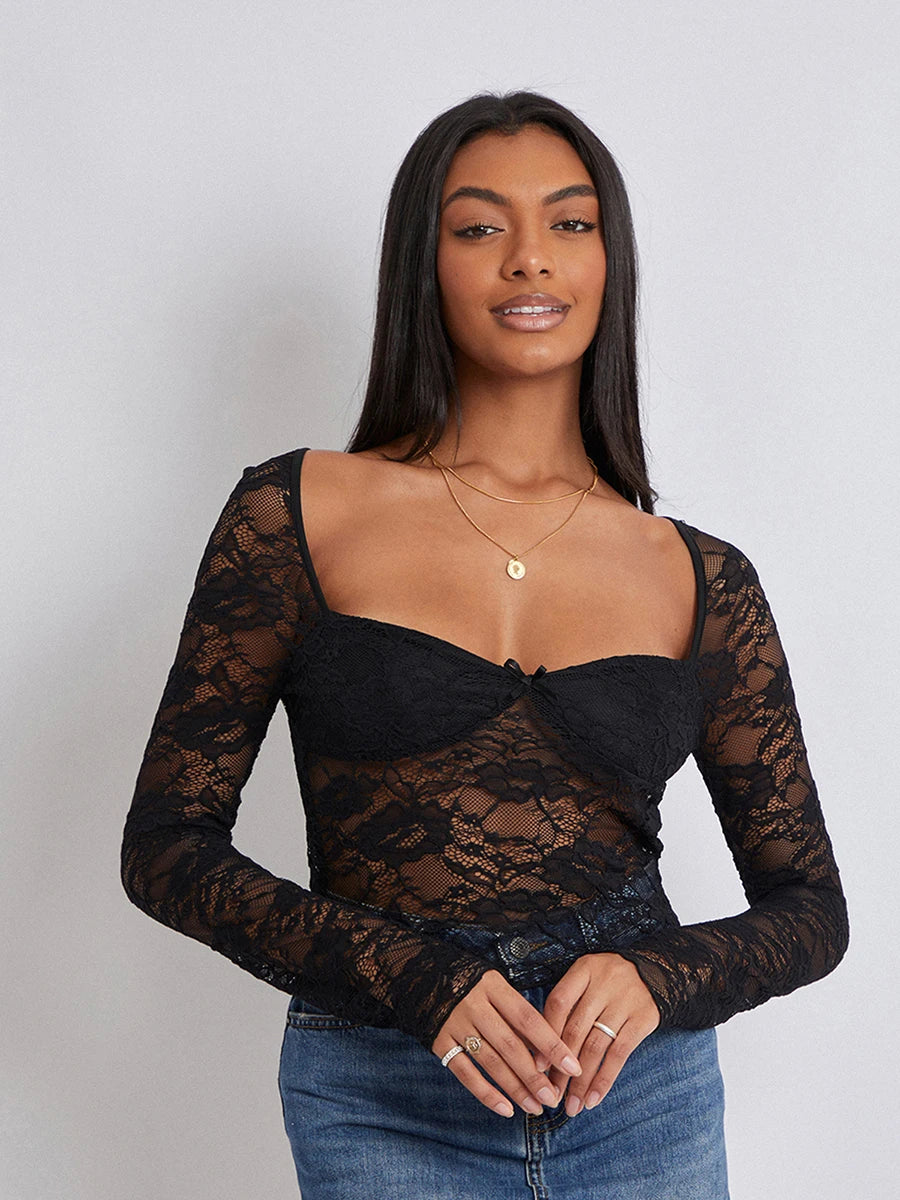 Women Crop Floral Lace Tops Long Sleeve Shirt Casual Pullovers for Club Streetwear Aesthetic Grunge Clothes