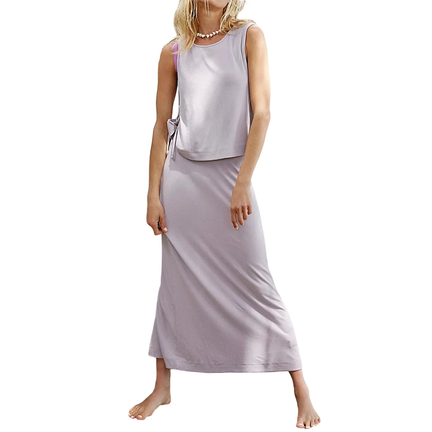 Women Skirt Set Sleeveless Crew Neck Tie-up Vest with Low Waist Long Skirt Summer Outfit